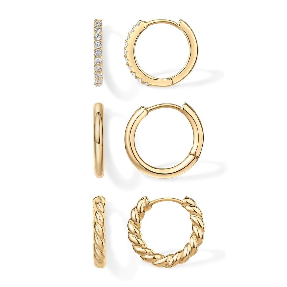 18K Yellow Gold Plated 925 Sterling Silver Posts 3 Pairs Small Hoop